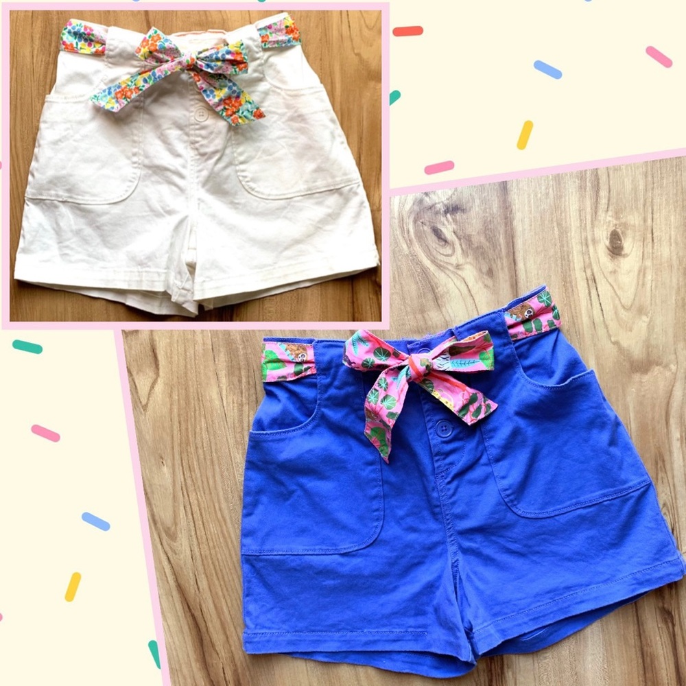 2 Mini Boden Tie-Belt Twill Shorts